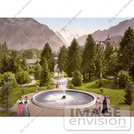 #17916 Picture of Ladies Walking Around a Water Fountain, Interlaken, Kursall, Bernese Oberland, Switzerland by JVPD