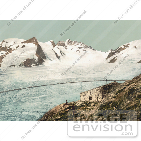 #17965 Picture of Two Men on a Cliff by Concordia Hut, Viewing the Swiss Alps Mountains, Switzerland by JVPD