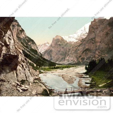 #17968 Picture of a Man on a Foot Bridge Over a River Near Gemmi Pass, Gasthernthal, Bernese Oberland, Switzerland by JVPD