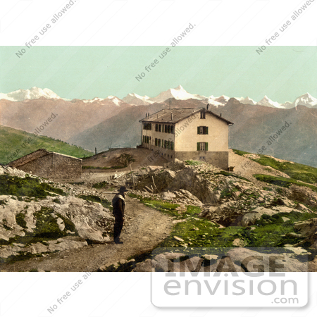 #17972 Picture of a Man on a Path Near Hotel Wildstrubel, Alps in the background, Passhohe, Switzerland by JVPD