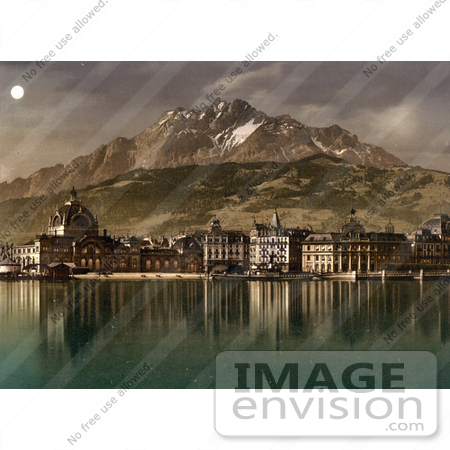 #17976 Picture of the Village of Lucerne at Night, Reflecting in Water, Switzerland by JVPD