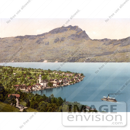 #18011 Picture of a Steamboat Near a Village on Lake Lucerne, Beckenreid, Switzerland by JVPD