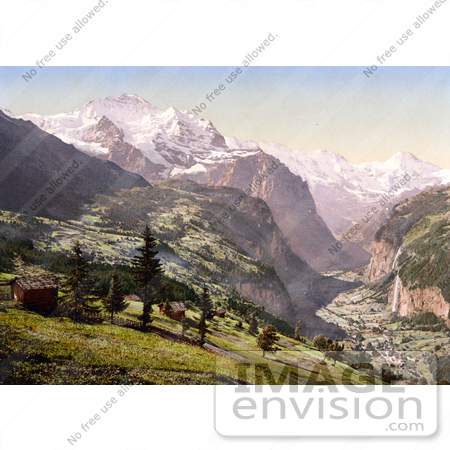 #18042 Picture of the Village of Wengen Over the Lauterbrunnen Valley With Staubbach Falls, Bernese Oberland, Switzerland by JVPD