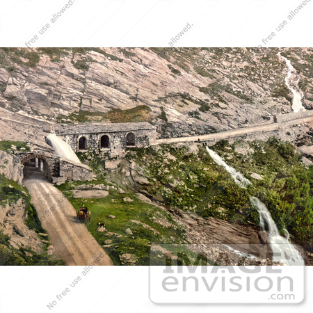 #18081 Picture of Waterfalls, Tunnel and Horse Drawn Carriage at Simplon Pass, Switzerland by JVPD