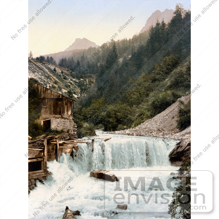 #18166 Photo of a Building by a Waterfall, Tarasp, Lower Engadine, Grisons, Switzerland by JVPD