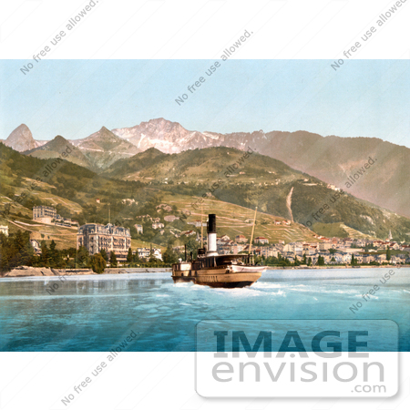 #18173 Photo of a Boat Near the Villages of Montreux and Glion on Geneva Lake in Switzerland by JVPD