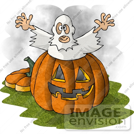 #18361 Man Dressed as a Ghost, Jumping Out of a Pumpkin to Scare Trick or Treaters on Halloween Clipart by DJArt