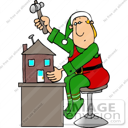 #18364 Santa’s Elf Nailing a Doll House Together in a Workshop Clipart by DJArt