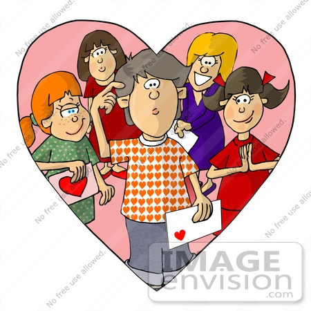 #18366 Boy With a Valentine’s Day Card, Surrounded by Girls That Have a Crush on Him Clipart by DJArt