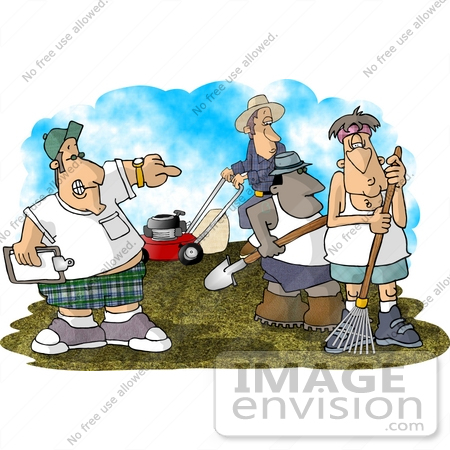 #18374 Man Bossing Around His Landscaping Crew While Working on a Yard Clipart by DJArt
