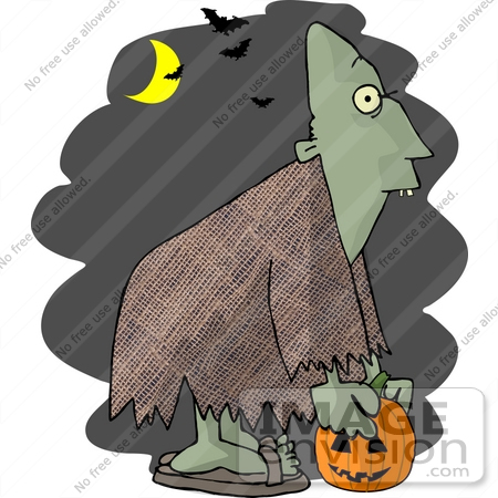 #18381 Ghoul Carrying a Pumpkin Under a Crescent Moon and Vampire Bats on Halloween Clipart by DJArt