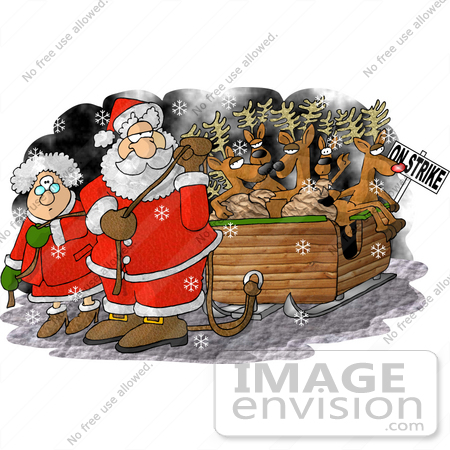 #18383 Santa and Mrs Claus Pulling the Reindeer in a Sleigh During a Strike Clipart by DJArt
