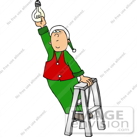 #18388 Santa’s Elf Standing on a Ladder, Changing a Lightbulb Workshop Clipart by DJArt