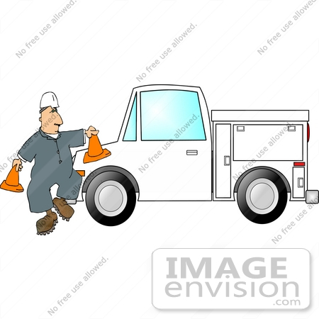 #18393 Male Construction Worker Setting Out Saftey Cones Around a Truck Clipart by DJArt