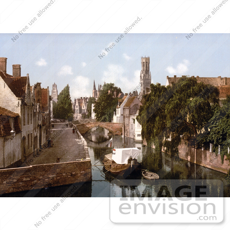 #18468 Photo of a Boat on a Canal by a Bridge and Buildings, Bruges, Belgium by JVPD