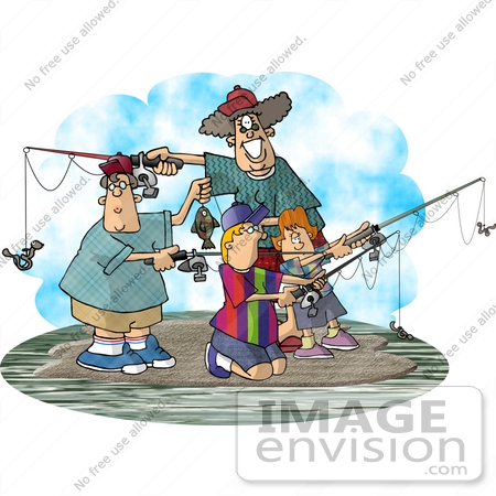 #18836 Mother and Children Fishing on an Island Clipart by DJArt