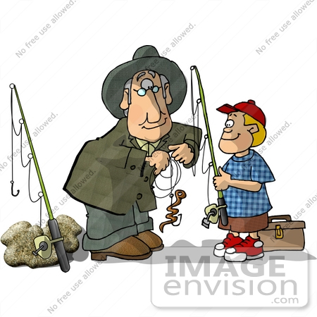 #18838 Grandpa Hooking a Worm as Bait For His Grandson While Fishing Clipart by DJArt