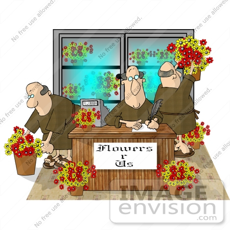 #18864 Three Bald Friar Men Working in a Flower Shop Clipart by DJArt