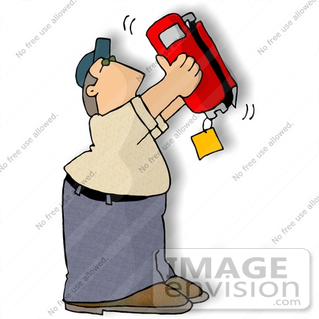#18865 Man Holding a Fire Extinguisher Upside Down While Inspecting it Clipart by DJArt