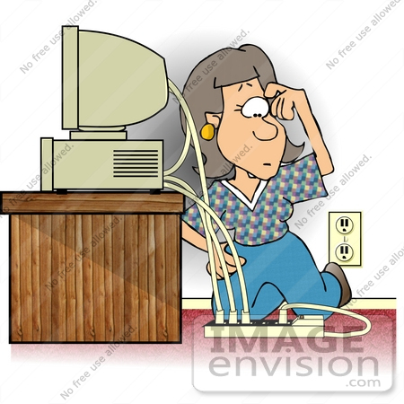 #18870 Confused Woman Trying to Figure Out How to Plug in Power Cords to a Computer Clipart by DJArt
