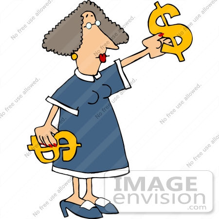 #18882 Woman in a Blue Dress, Holding Two Golden Dollar Signs For a Sale or Purchase Clipart by DJArt