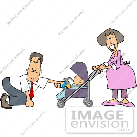 #18883 Father Handing His Baby a Pacifier While Being Pushed in a Stroller by the Mother Clipart by DJArt