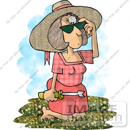 #18894 Woman Kneeling in Grass With a Weed Pulling Tool, Picking Dandelions Clipart by DJArt
