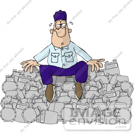 #18895 Exhausted Natural Gas Utility Man Sitting on a Pile of Gas Meters Clipart by DJArt