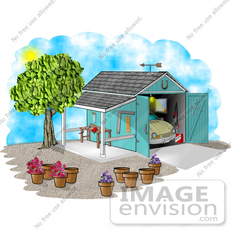 #18906 Car Parked in a Garage That Has an Attached Patio Clipart by DJArt