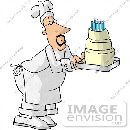 #18910 Male Chef Carrying a Three Tiered Vanilla Birthday Cake With Candles on Top Clipart by DJArt