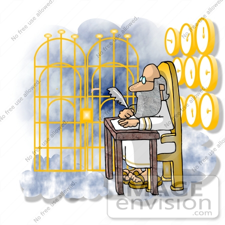 #18920 Saint Peter Writing With a Feather Quill Sitting by the Golden Gates of Heaven Clipart by DJArt
