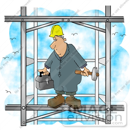 #18924 Man With a Toolbox and Sledgehammer Standing up High in the Sky on an Iron Building Clipart by DJArt