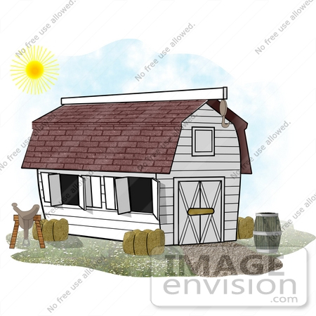 #18926 White Stable Barn on a Farm on a Sunny Day Clipart by DJArt