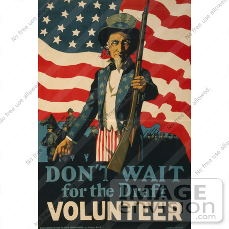 #1893 Uncle Sam Against A Backdrop Of Military Troops And The American Flag, Offering A Rifle by JVPD
