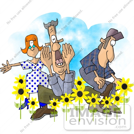#18940 People in a Patch of Yellow Daisy Flowers in the Spring Clipart by DJArt