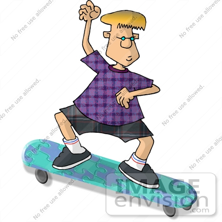 #18944 Blond Boy Riding a Puzzle Patterned Skateboard Clipart by DJArt