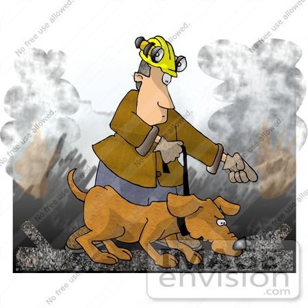 #18954 Handler Walking a Sniffing Search Dog in the Rubble of a Burned Building Clipart by DJArt