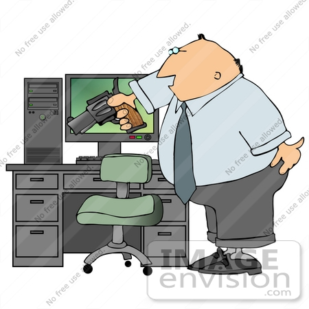 #18977 Angry Business Man Aiming a Pistil at a Computer Clipart by DJArt
