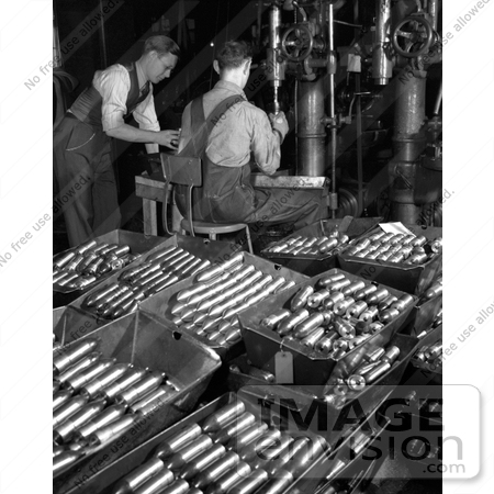 #19180 Photo of Men Working in an Aluminum Factory, Boring Holes in Armour by JVPD