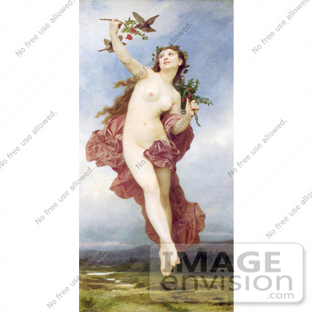 #19259 Photo of a Nude Woman Holding Branches With Berries, Feeding Birds, Day by William-Adolphe Bouguereau by JVPD