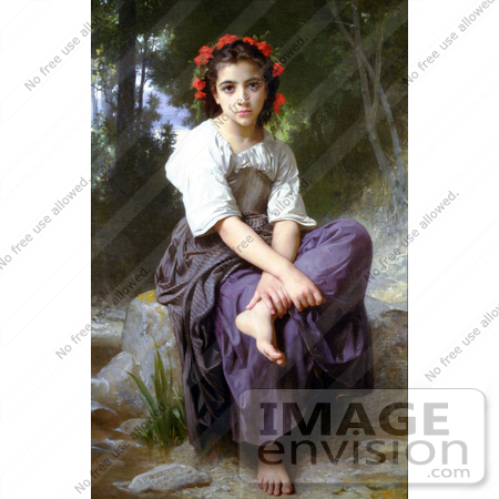 #19270 Photo of a Little Girl With Flowers in Her Hair, Seated by a Stream, At the Edge of the Brook by William-Adolphe Bouguereau by JVPD