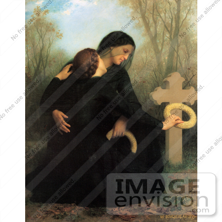 #19278 Photo of Two Women, One a Widow, Crouching at a Grave, the Day of the Dead by William-Adolphe Bouguereau by JVPD