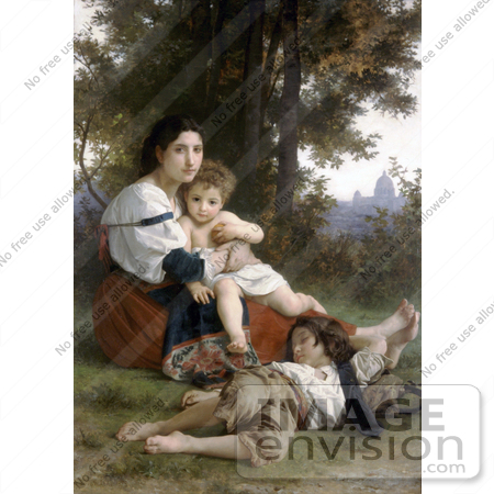 #19279 Photo of a Woman and Her Two Children Resting by Trees, Rest by William-Adolphe Bouguereau by JVPD