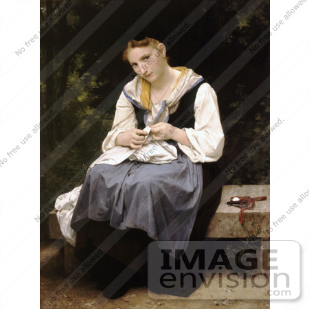 #19299 Photo of a Woman Sewing While Sitting on a Bench, Young Worker by William-Adolphe Bouguereau by JVPD