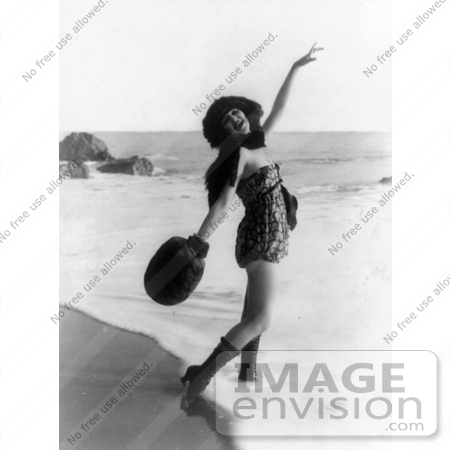 #19321 Photo of a Woman, Alice Maison, in a Hat, Boots, Muff and Swimsuit on the Beach in 1918 by JVPD