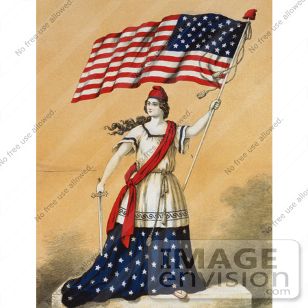 #19329 Photo of a Woman, Portrayed as Lady Liberty, Holding a Sword and American Flag by JVPD