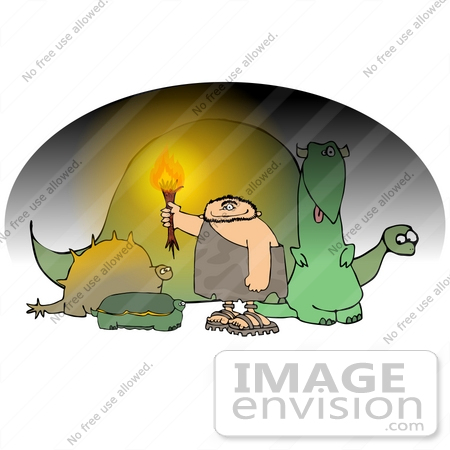 #19352 Caveman Holding a Torch in a Cave Full of Friendly Dinosaurs Clipart by DJArt