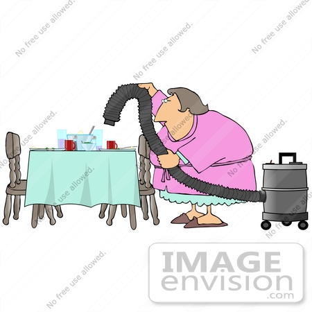#19381 Lazy Housewife Using a Shop Vac to Suck up the Dishes and Leftovers Off of a Dinner Table Clipart by DJArt