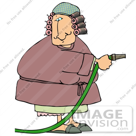 #19391 Woman With Her Hair in Curlers, Wearing a Robe, Using a Water Hose Clipart by DJArt