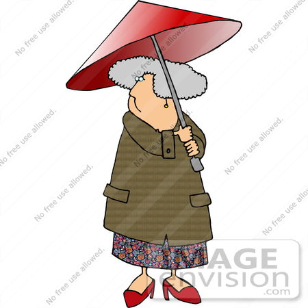 #19392 Senior Woman Walking Outdoors Under a Red Umbrella Clipart by DJArt
